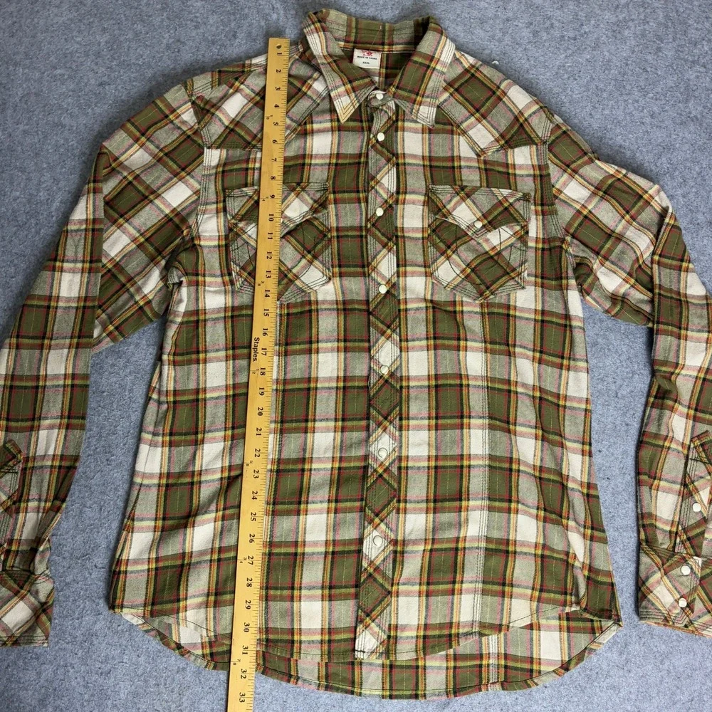 True Religion Mens 3XL Western Plaid Flannel Shirt Pearl Snap Green Y2K XXXL
